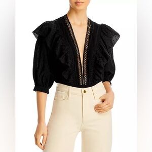 Farm Rio Swiss Dot Lace Ruffle Bodysuit in Black size Small